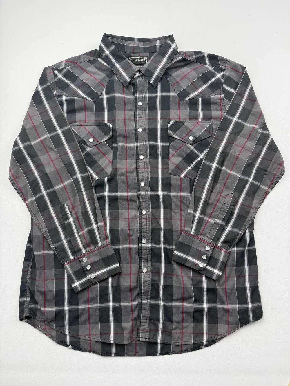 High Noon Shirt Mens XL Gray Plaid Long Sleeve Western Pearl Snap Casual
